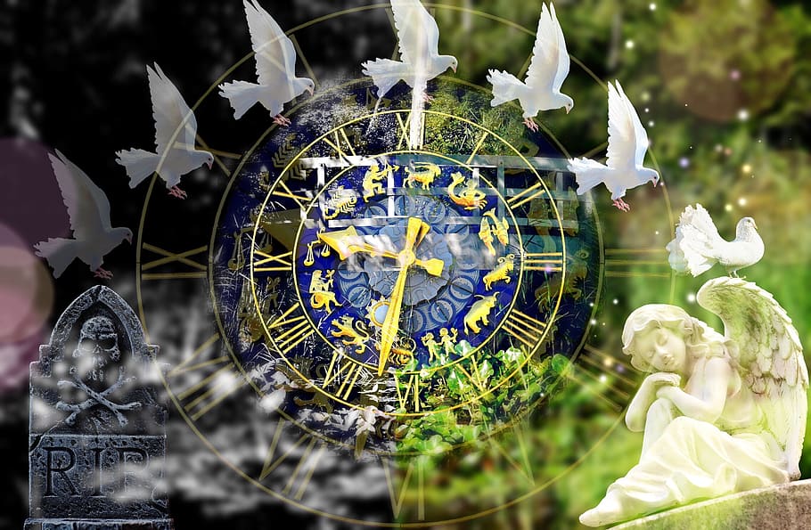 round blue and yellow clock, death, live, transformation, astrology