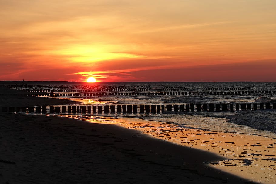sunset, dawn, waters, dusk, sky, land, beach, sand, beauty in nature HD wallpaper
