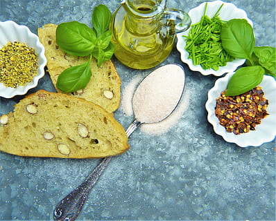 bread with olive oil and green leafy veggies, salt, herbs, spoon HD wallpaper