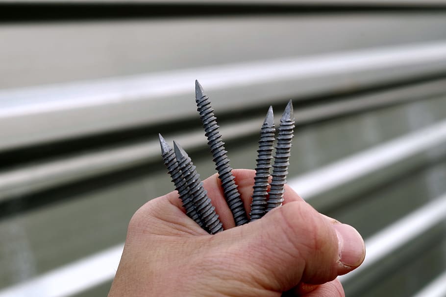 person holding three gray screws, nails, sharp, tools, dangerous HD wallpaper