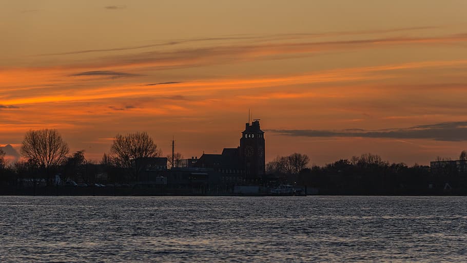 sunset, elbe, hamburg, landscape, nature, water, river, mood HD wallpaper