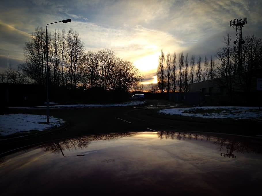 sunset, snow, winter, clouds, reflection, landscape, nature HD wallpaper