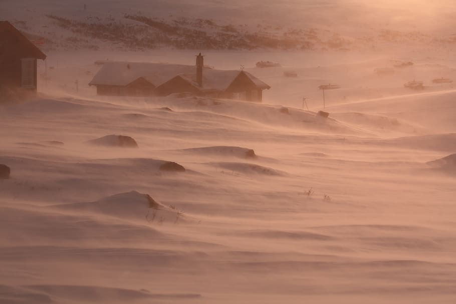 snow, wind, norway, cabins, white, winter, cold, storm, landscape HD wallpaper