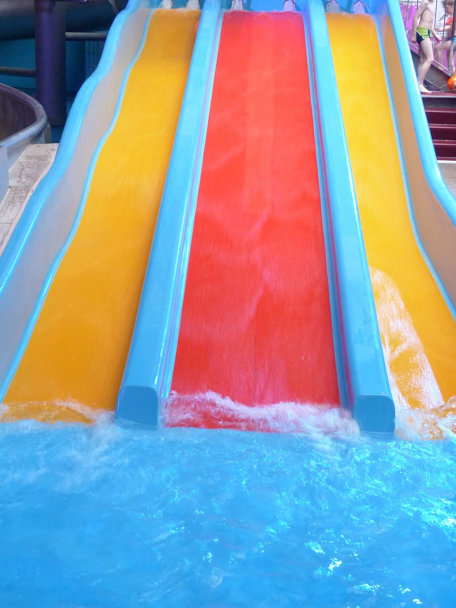 photo of red and yellow concrete slide towards swimming pool, HD wallpaper