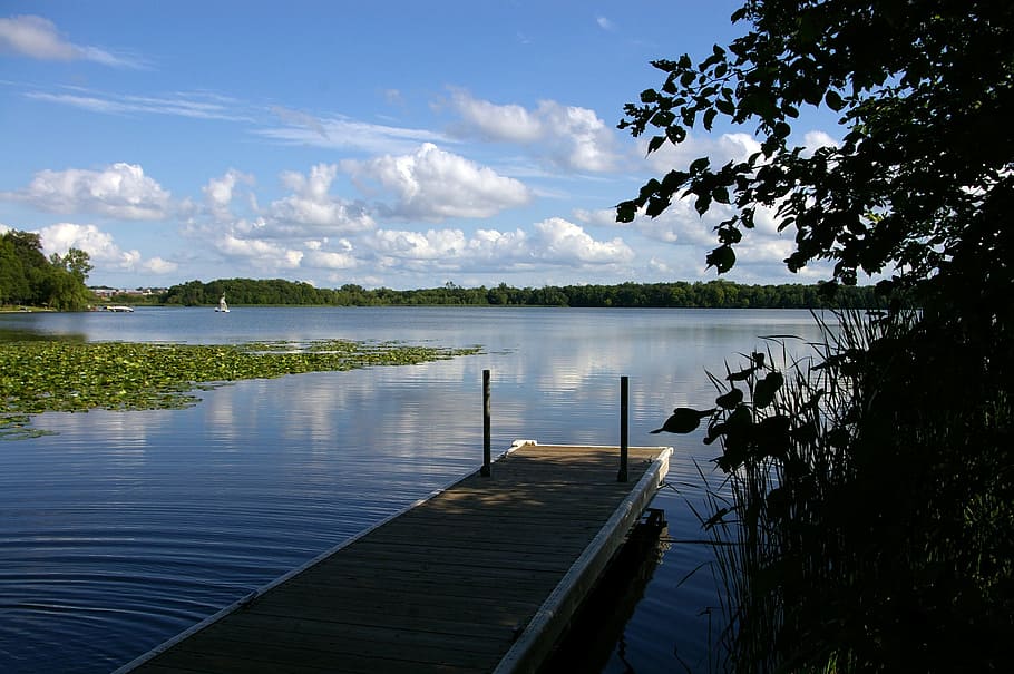 sky, clouds, dock, water, lake, minnesota, midwest, blue sky clouds HD wallpaper
