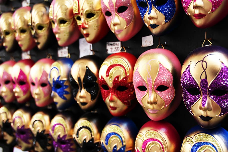 Masks, Venice, Carnival, retail, in a row, large group of objects HD wallpaper