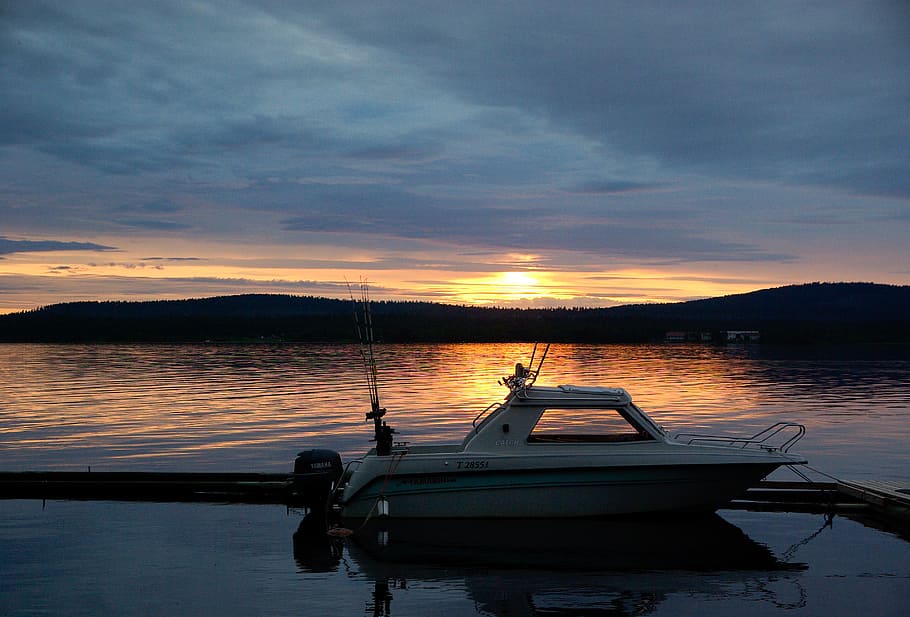 finland, lake, fishing vessel, midnight sun, sunset, water, HD wallpaper