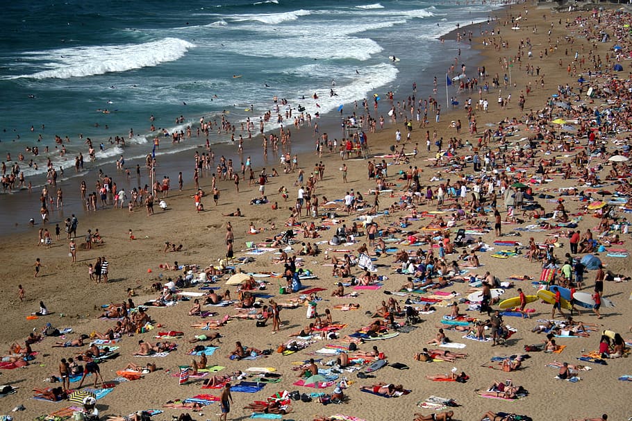 Beach, Crowd, Holiday, sea, wave, sand, water, high angle view HD wallpaper