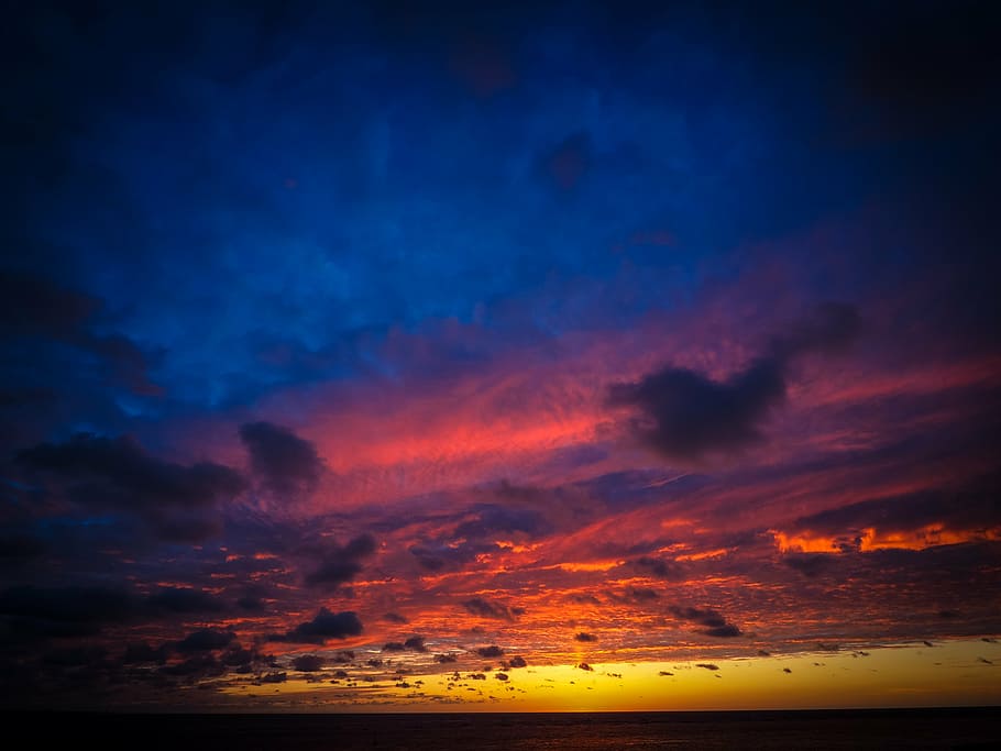 evening sky, sunset, sea, setting sun, afterglow, clouds, abendstimmung HD wallpaper