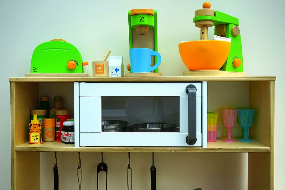 white microwave oven toy, kitchen, home, fun, play, food, meal HD wallpaper