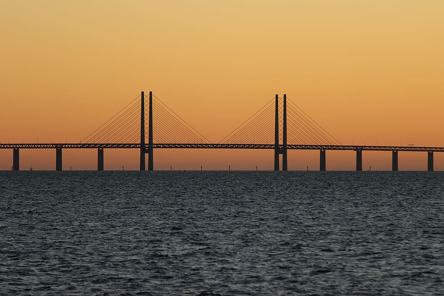 bridge, ocean, sea, silhouette, sky, sunrise, sunset, suspension bridge, HD wallpaper