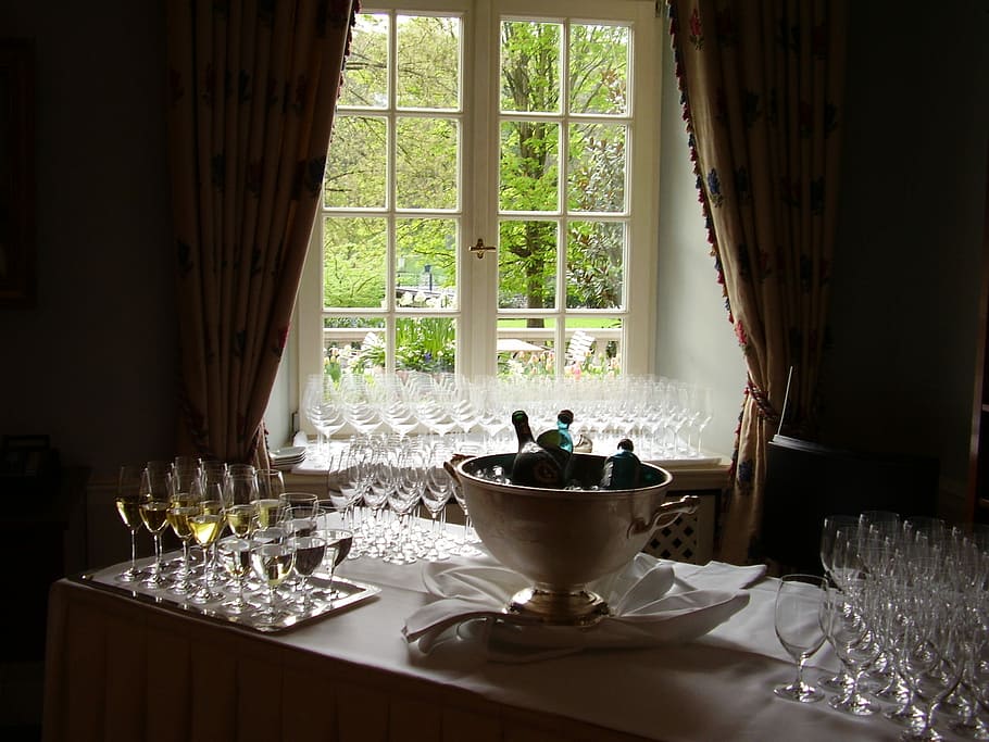 Champagne, Buffet, Sparkling Wine, window, curtain, indoors HD wallpaper