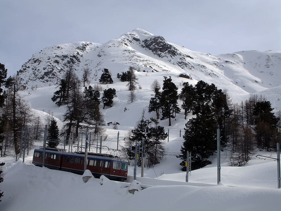 mountain, cogwheel train, switzerland, landscape, snow, cold temperature, HD wallpaper