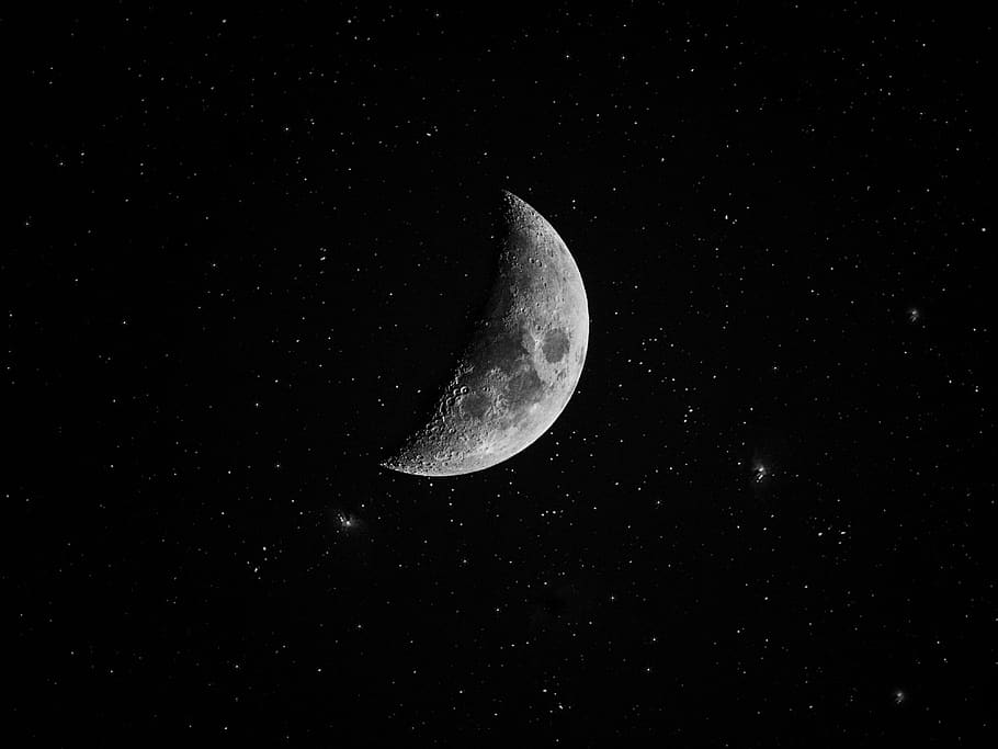 moon, stars, white, black, space, cosmos, sky, universe, evening