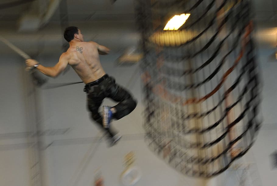 man doing stunt, training, military, navy, seal, usa, rope, swing