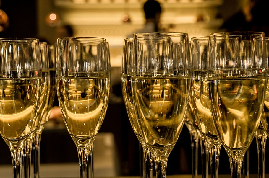 filled clear wine glasses, martini, lot, champaign, sparkling wine, HD wallpaper
