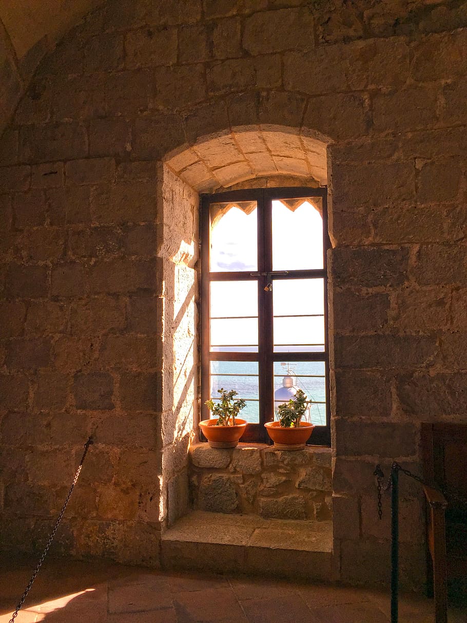 two plastic brown potted plants on window, castle, wall, sea HD wallpaper