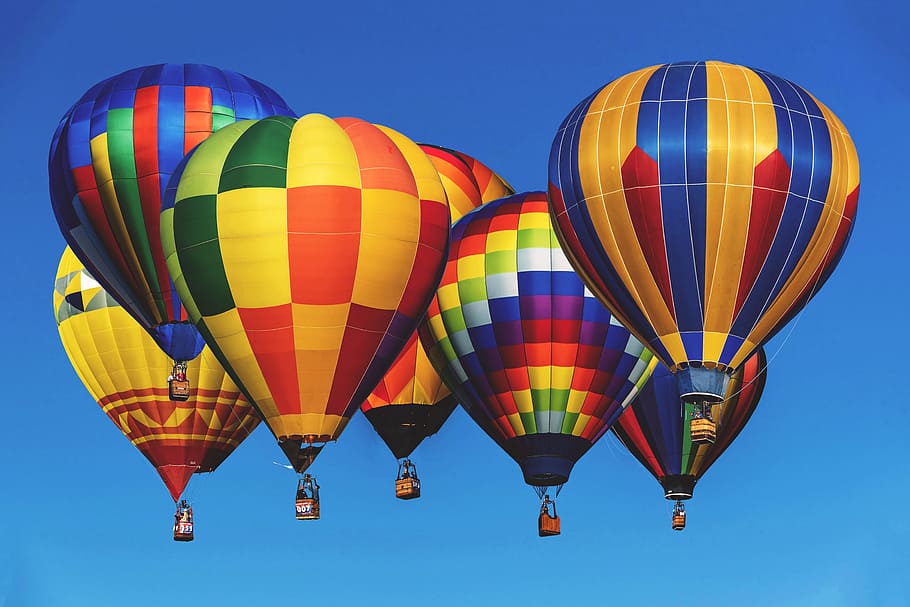 Hot air balloons in a blue sky, various, travel, flying, basket, HD wallpaper