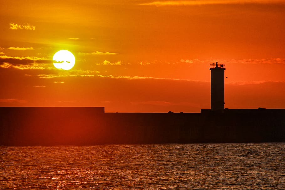 Sunrise, Lighthouse, Port, silhouette, cloud, vivid, sunset HD wallpaper
