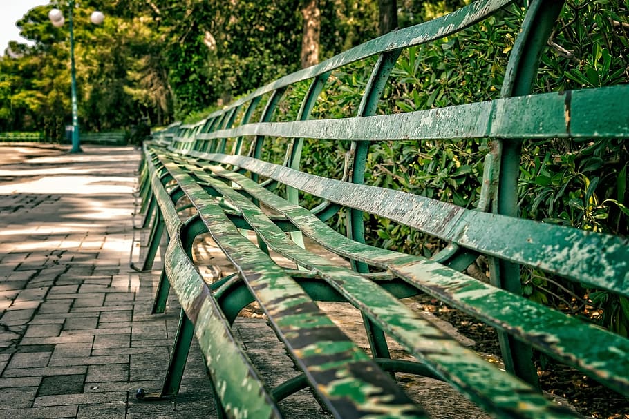 HD wallpaper: vacant green metal benches, bank, sit, park, long, out, rest  | Wallpaper Flare