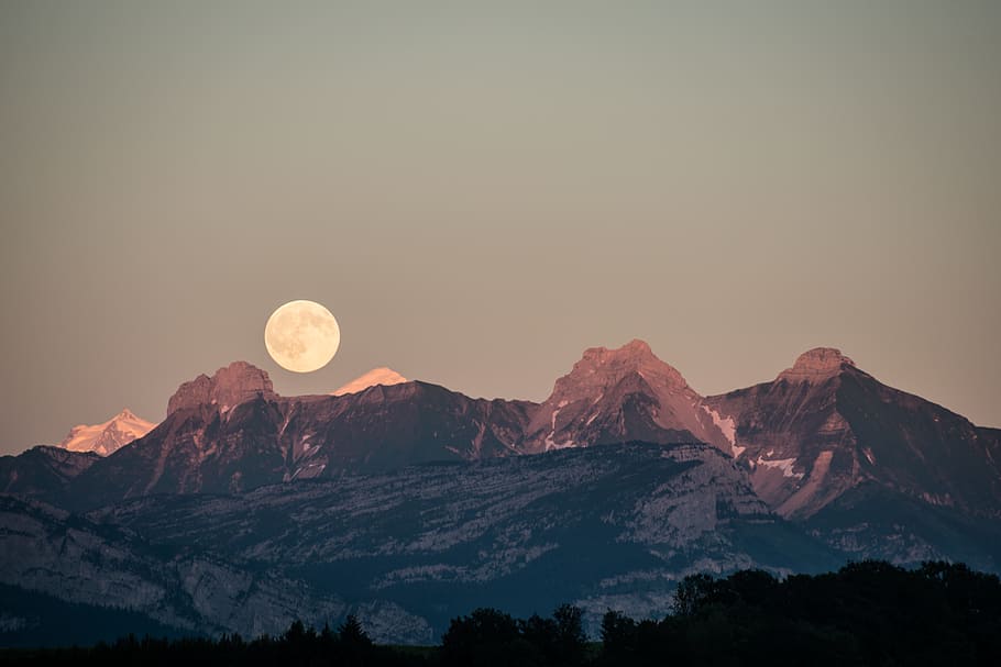 landscape photography of brown mountains, moon, sky, nature HD wallpaper