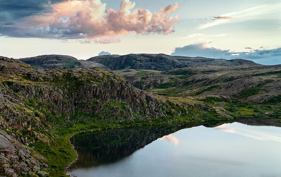 view of mountains and lake, water, clouds, nature, landscape HD wallpaper