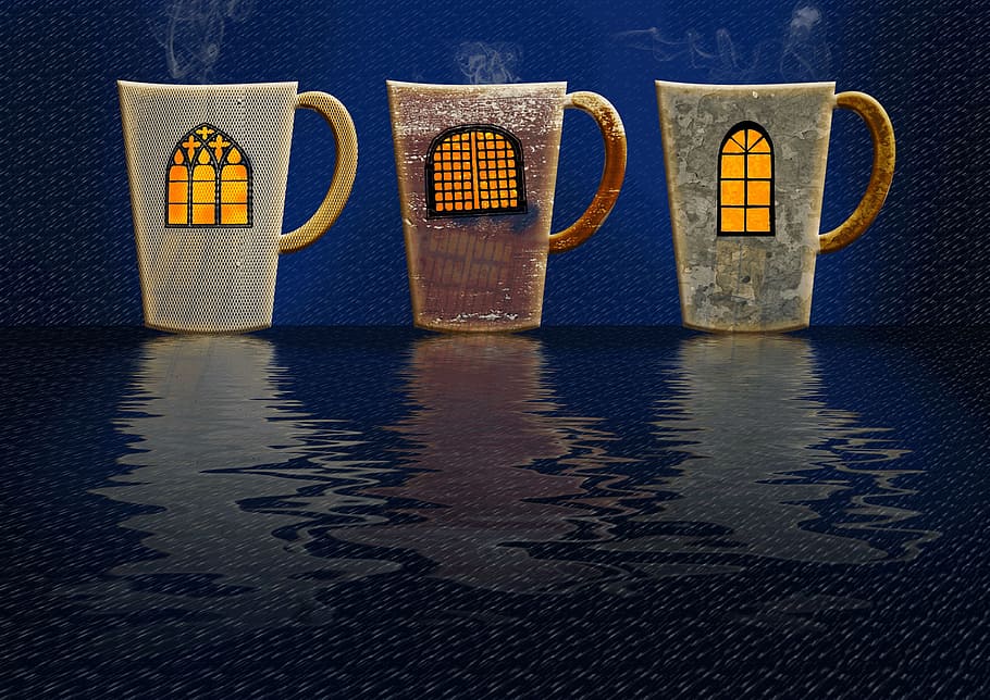 three window ceramic mugs, cup, light, mirroring, shadow, blue, HD wallpaper