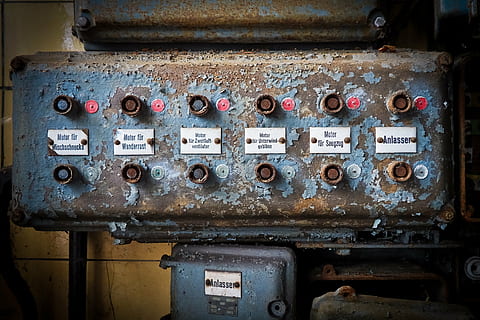 blue and gray industrial machine, lost places, panel, switch HD wallpaper