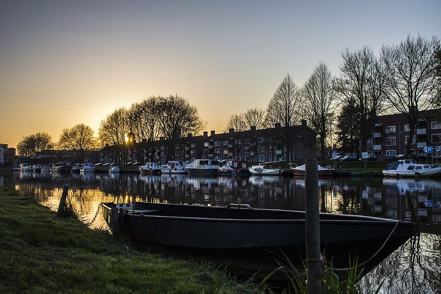 boat, water, sunset, rowing, nature, air, trees, netherlands HD wallpaper