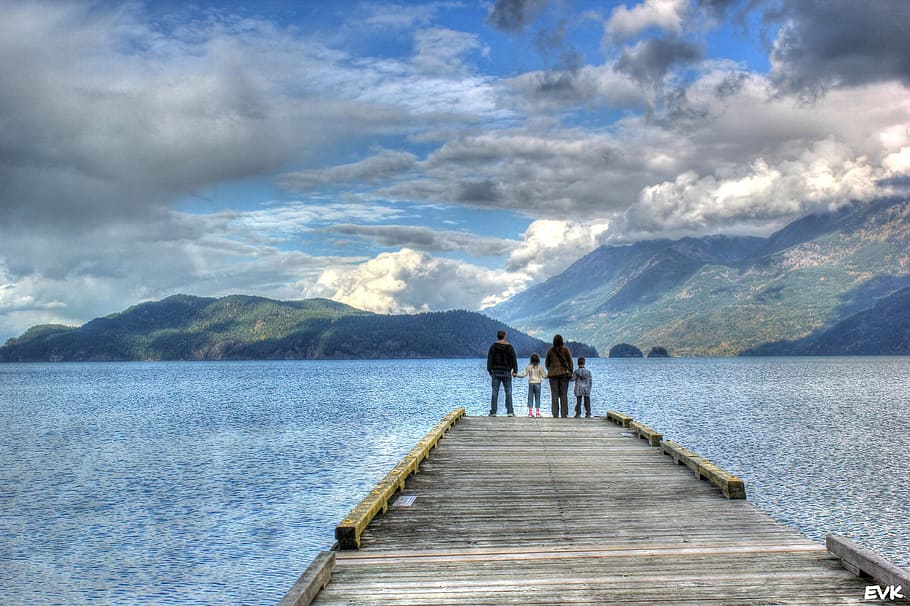 four people on dock near ocean painting, family, excursion HD wallpaper