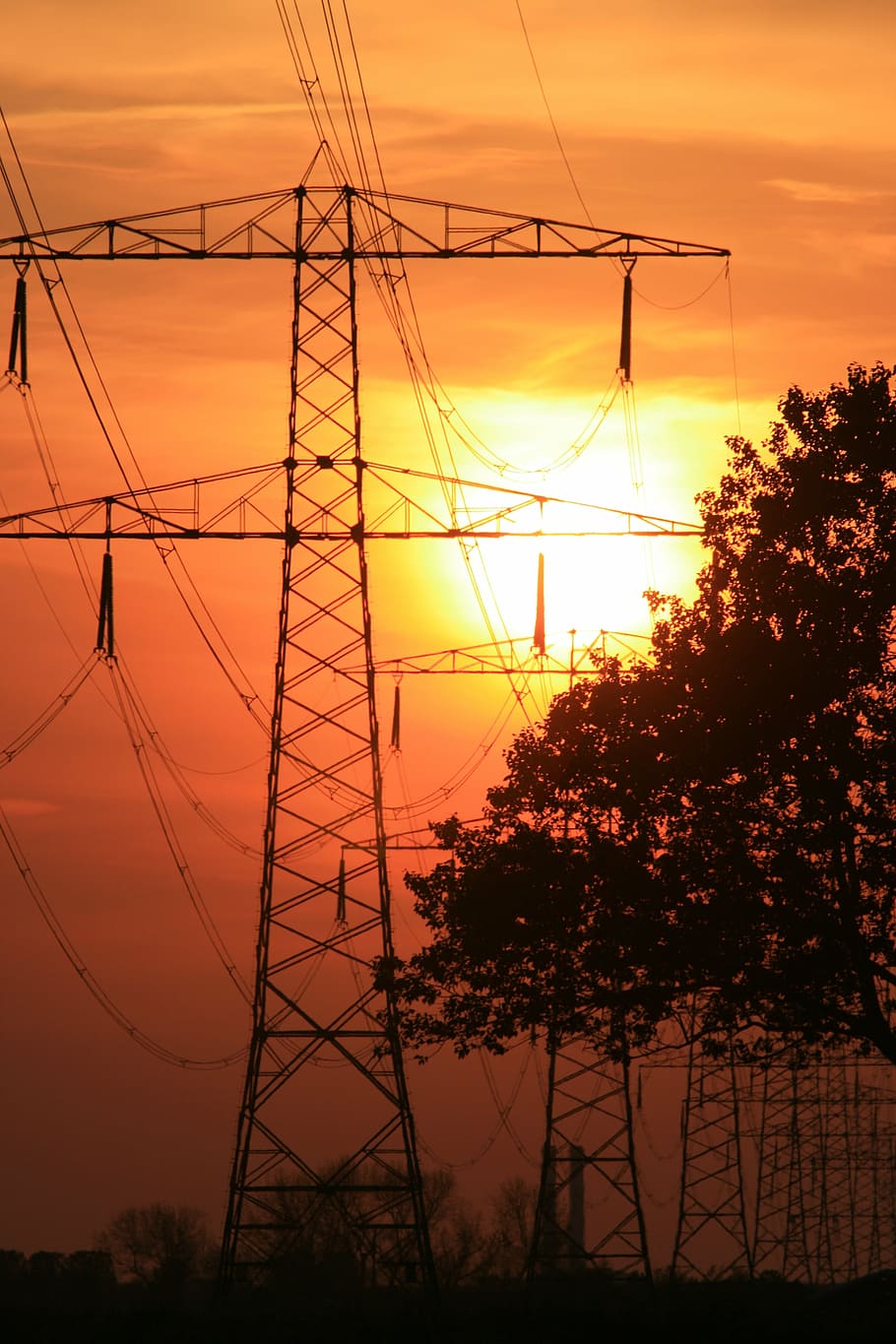 high voltage, summer, sun, sunset, electricity, sky, cable HD wallpaper