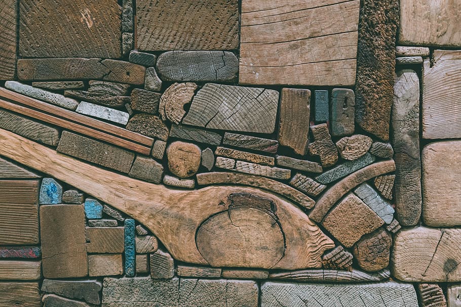 high angle photography of brown wood bricks, closeup photography of brown and gray rock formation HD wallpaper