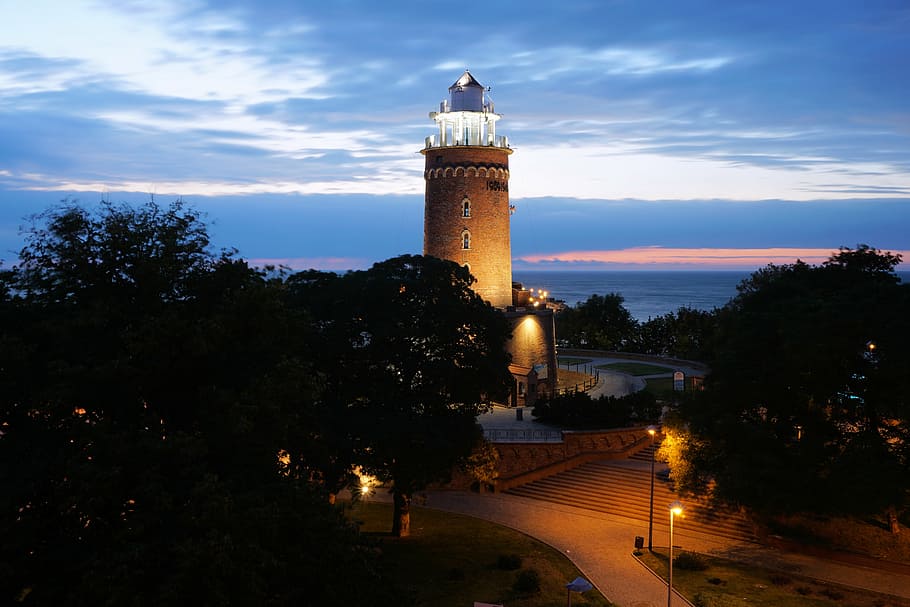 lighthouse near trees, kołobrzeg, baltic sea, tower, kolobrzeg