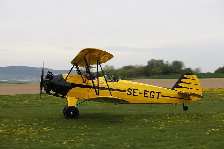 yellow and black SE-EGT biplane, swedish, focke-wulf stieglitz, HD wallpaper