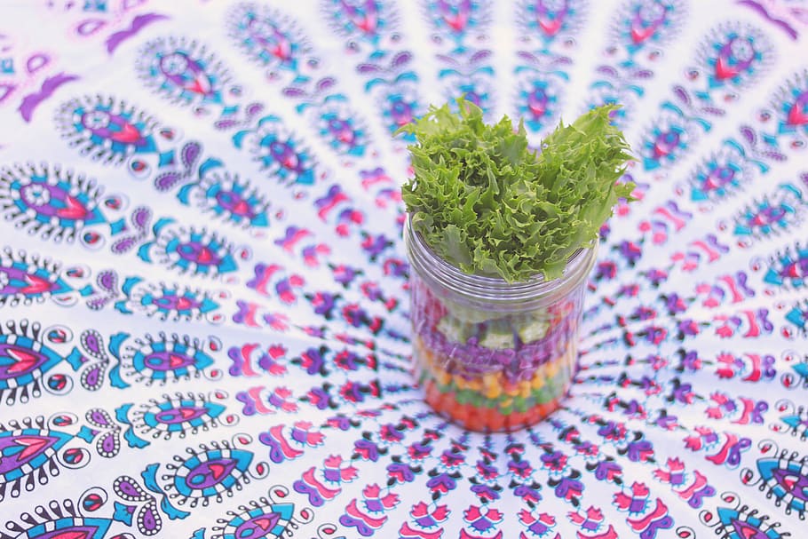 green leaf plant on acrylic container on top of print textile HD wallpaper