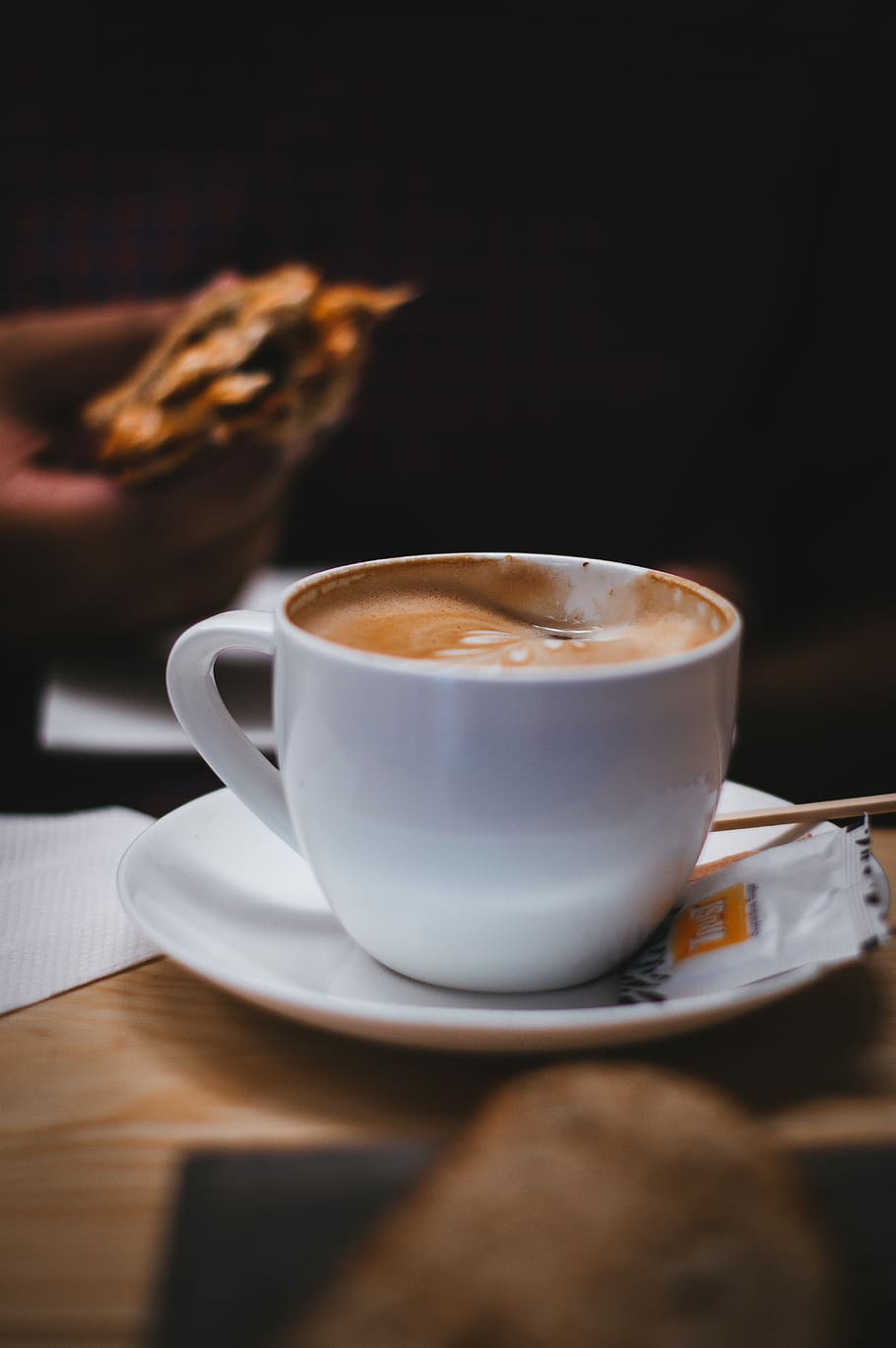 white ceramic mug on saucer, white coffee cup on white saucer on brown board HD wallpaper