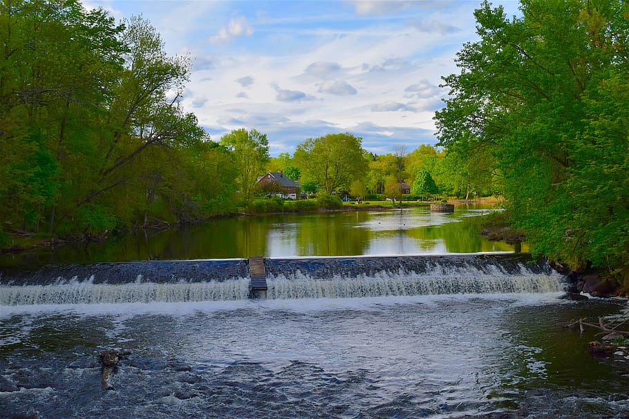 river, water, sky, spring, color, green, nature, landscape HD wallpaper
