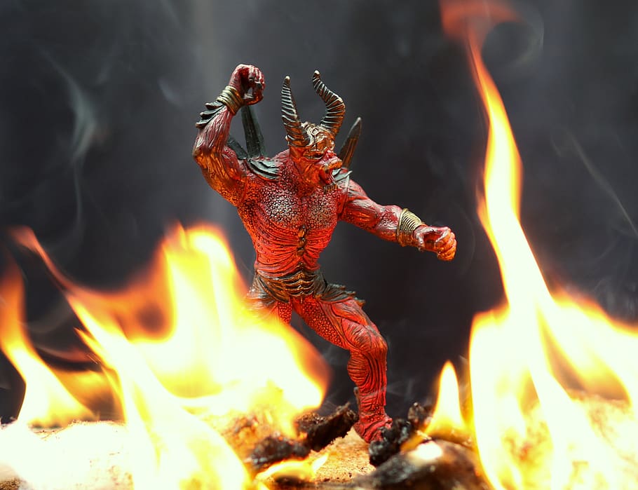 HD wallpaper: devil, fire, flames, hell, figurine, horns, fire