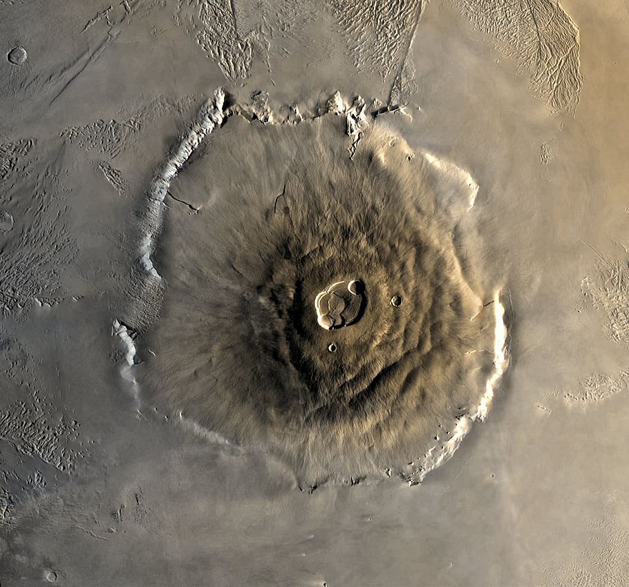 moon surface satellite photo, Mars, Planet, Olympus Mons, Volcano