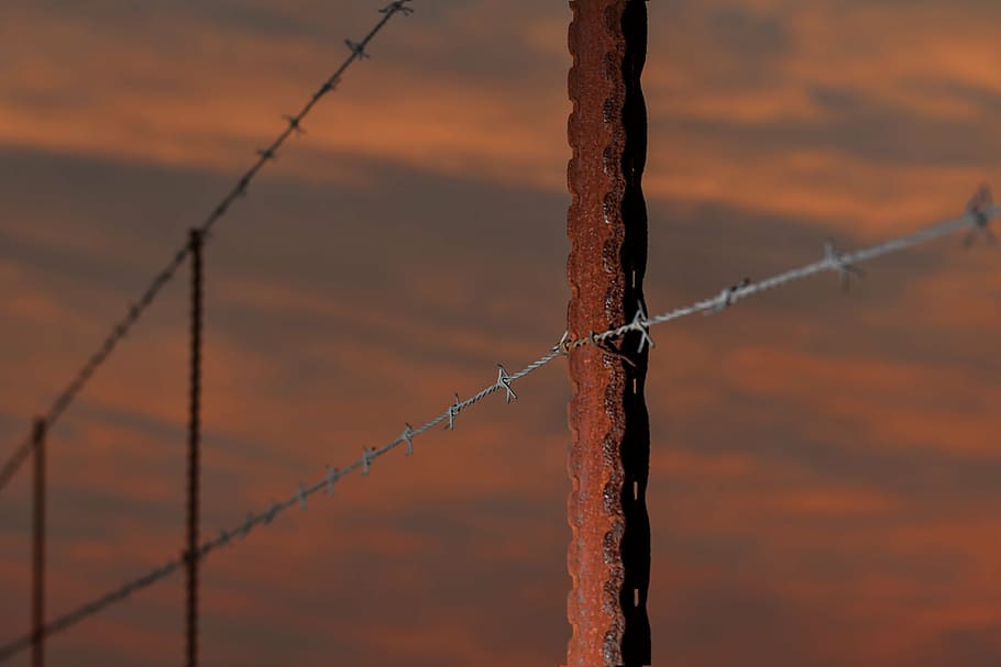 fence, barbed wire, fence post, rusty, sundown, sunset, barrier HD wallpaper