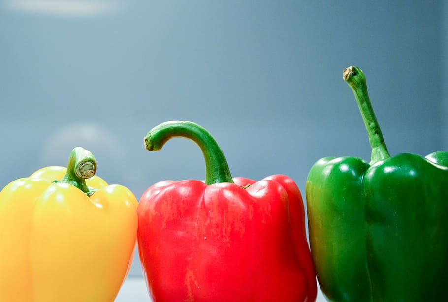 three chili peppers, photo, yellow, red, green, bell, vegetables, HD wallpaper