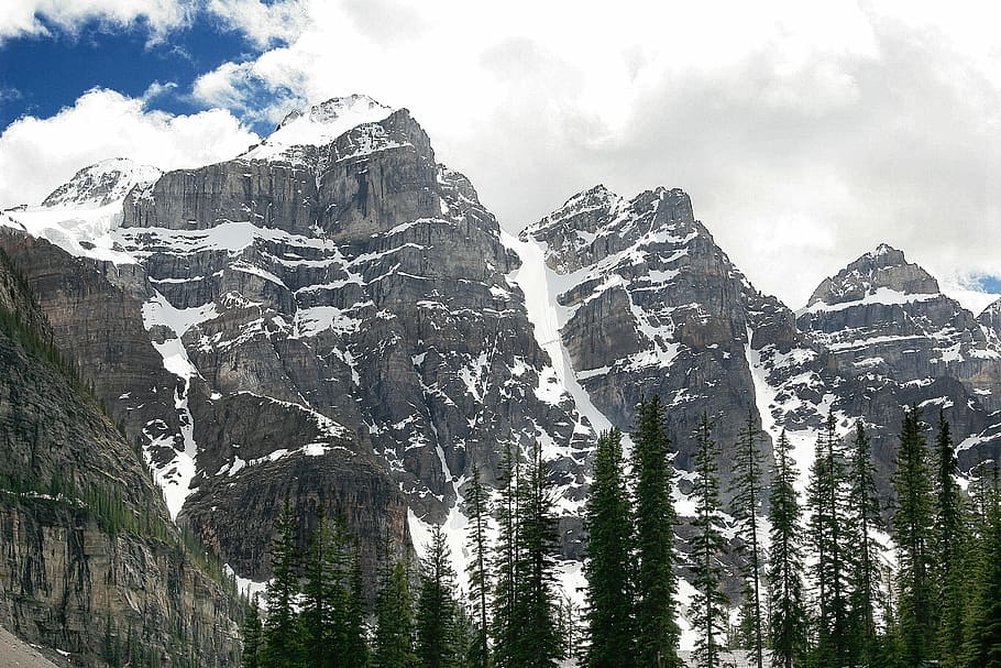 mountains, range, trees, landscape, scenery, snow, blue, clouds HD wallpaper