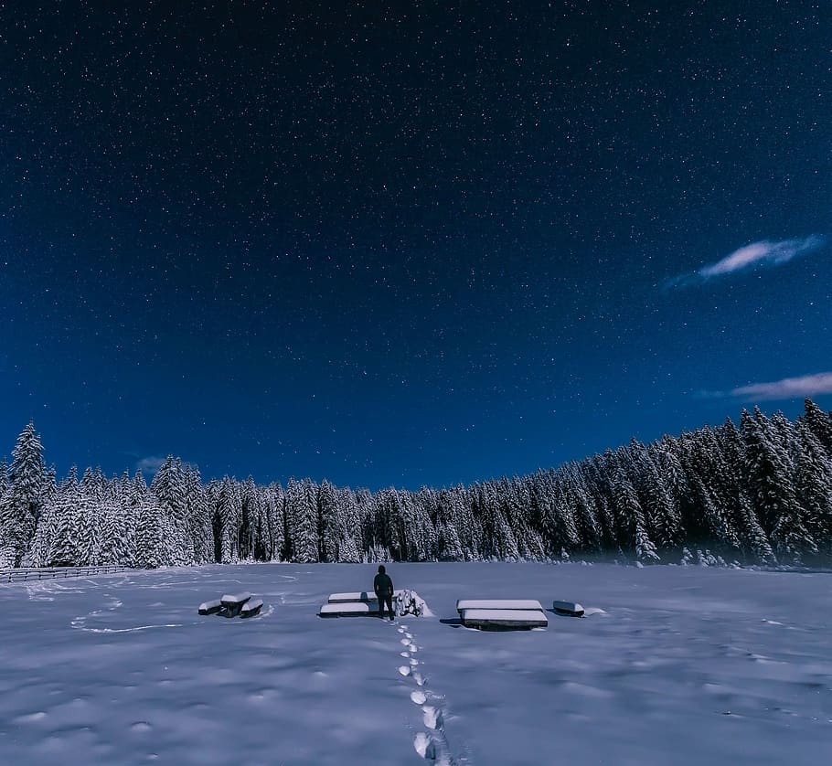 winter, snow, figure, man, sky, clouds, stars, night, evening HD wallpaper