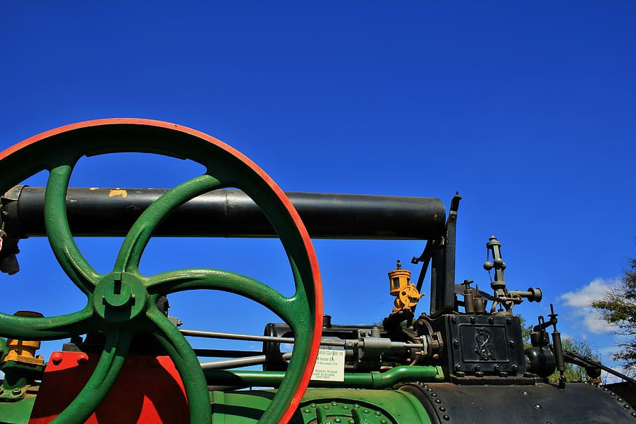 steam engine, part, green, red, wheel, mobile, power, blue HD wallpaper