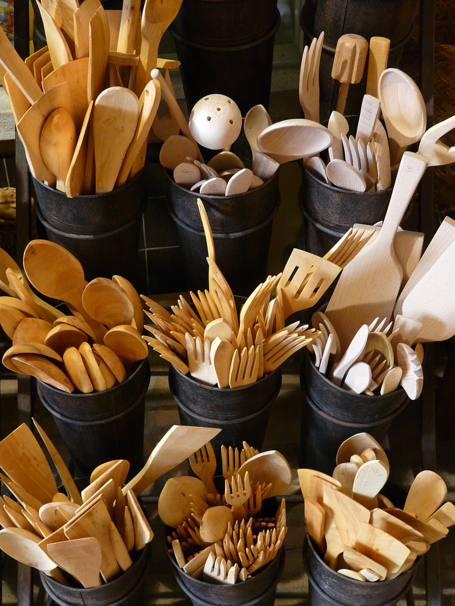 wooden cutlery, knife, fork, spoon, kitchen cutlery, scraper, HD wallpaper