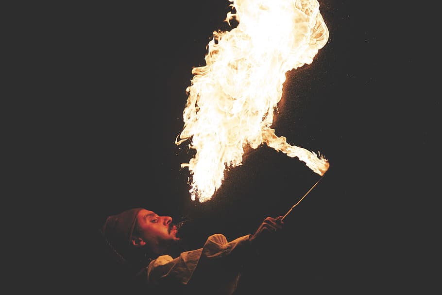 fire, flames, fire breather, guy, man, people, entertainment HD wallpaper