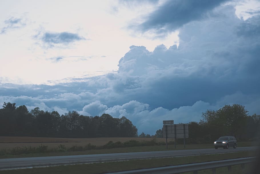 sky, clouds, trees, plant, nature, dark, grass, car, vehicle HD wallpaper