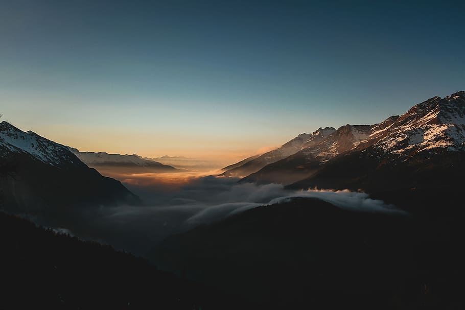 aerial view of mountain, aerial photo of mountains during golden hour HD wallpaper
