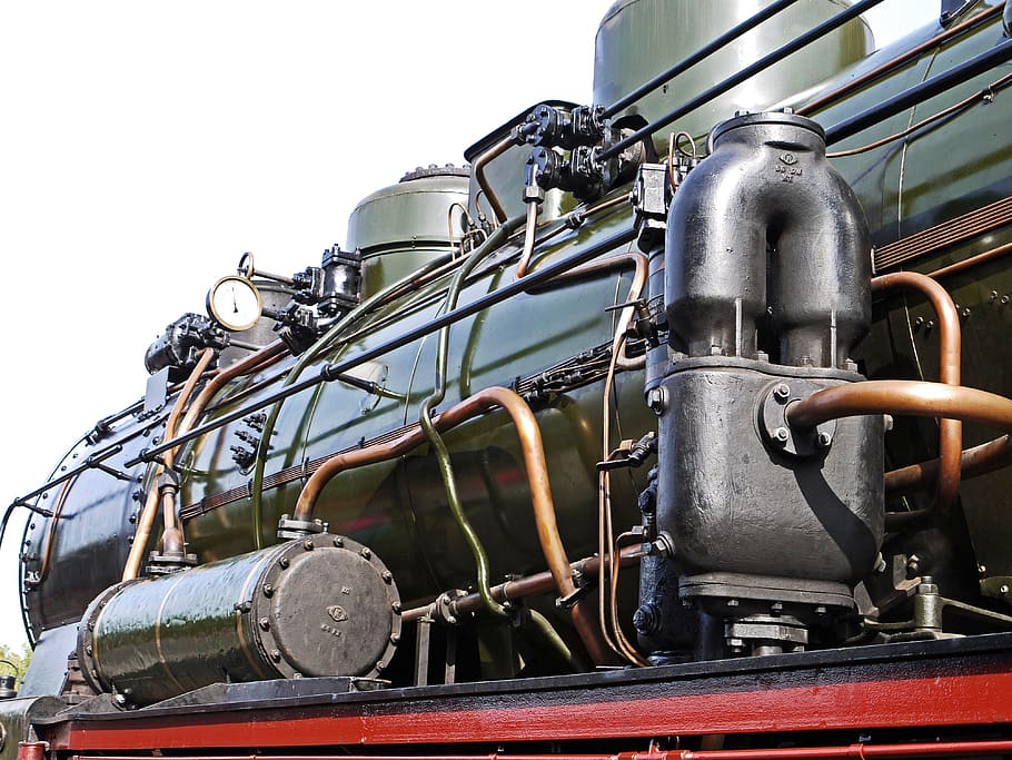 steam locomotive, boiler, heater page, lines, pipes, water pump, HD wallpaper