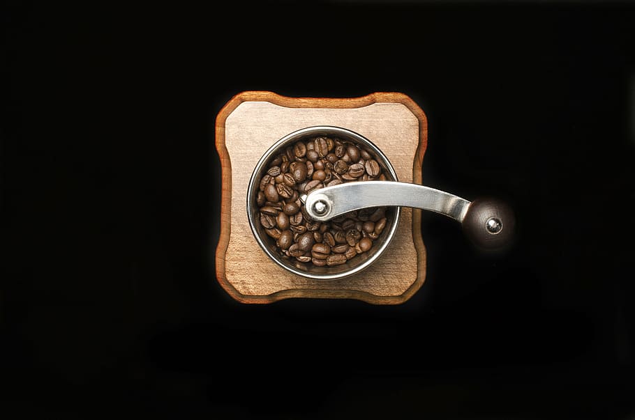 aerial photography of gray manual coffee grinder, bean, seed HD wallpaper